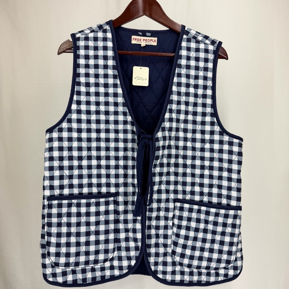 Free People Claudine Quilted Vest Gingham Tie-Front Medium 100% Cotton - Picture 5 of 12